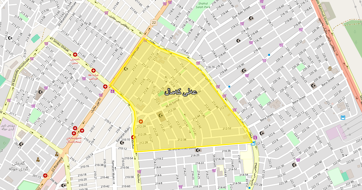 Map of Aali Kamal neighborhood in Sulaymaniyah (عەلی کەمال)