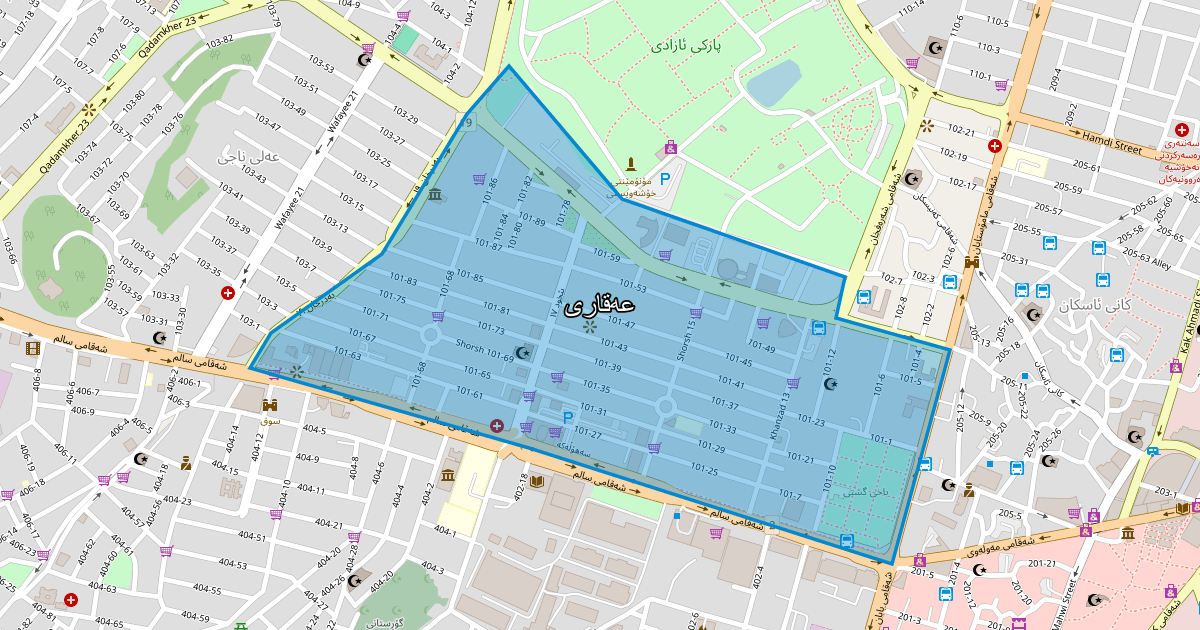 Map of Aaqari neighborhood in Sulaymaniyah (عەقاری)