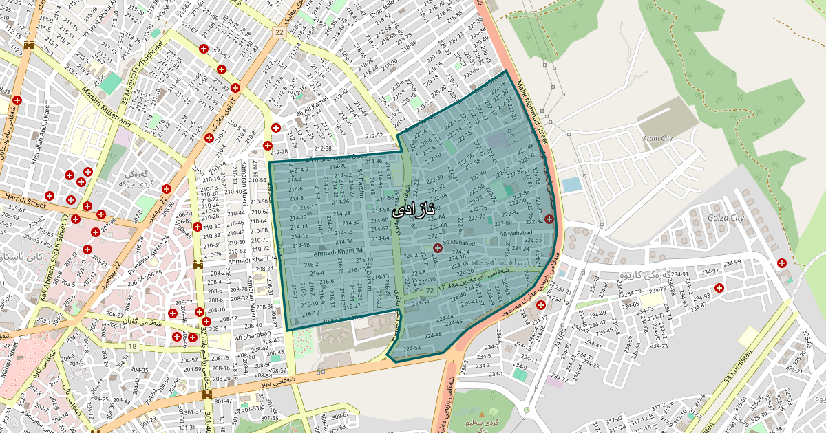 Map of Azadi neighborhood in Sulaymaniyah (ئازادی)