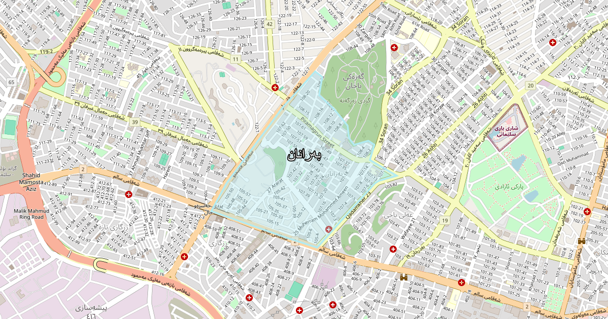 Map of Baranan neighborhood in Sulaymaniyah (بەرانان)