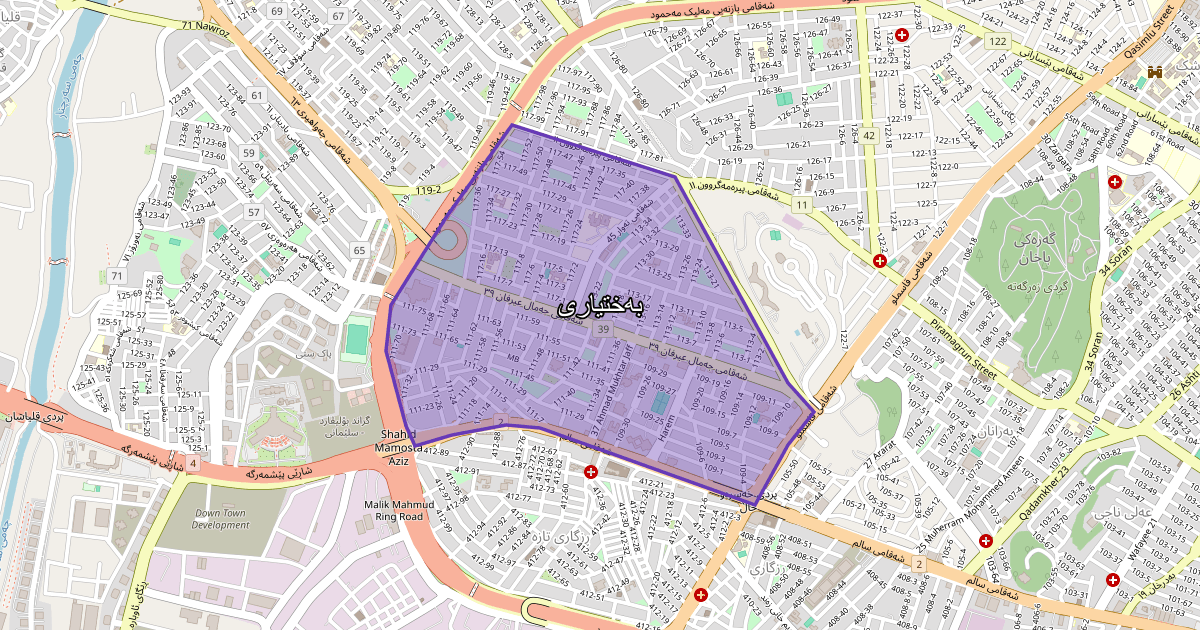 Map of Baxtiari neighborhood in Sulaymaniyah (بەختیاری)