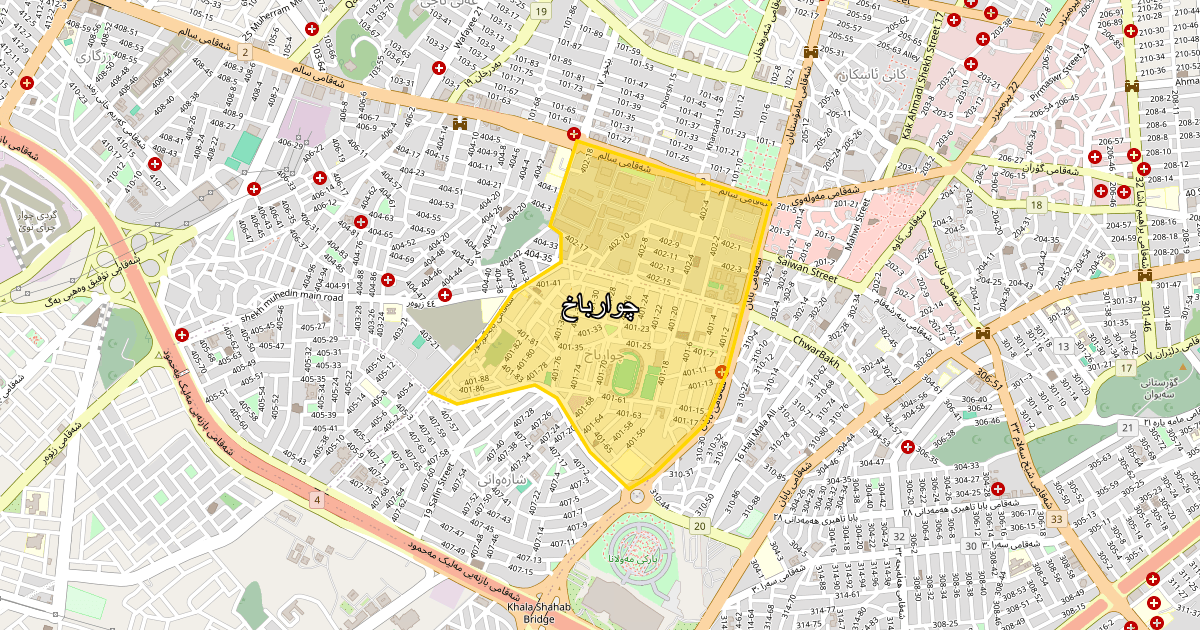 Map of Chwarbax neighborhood in Sulaymaniyah (چوارباخ)