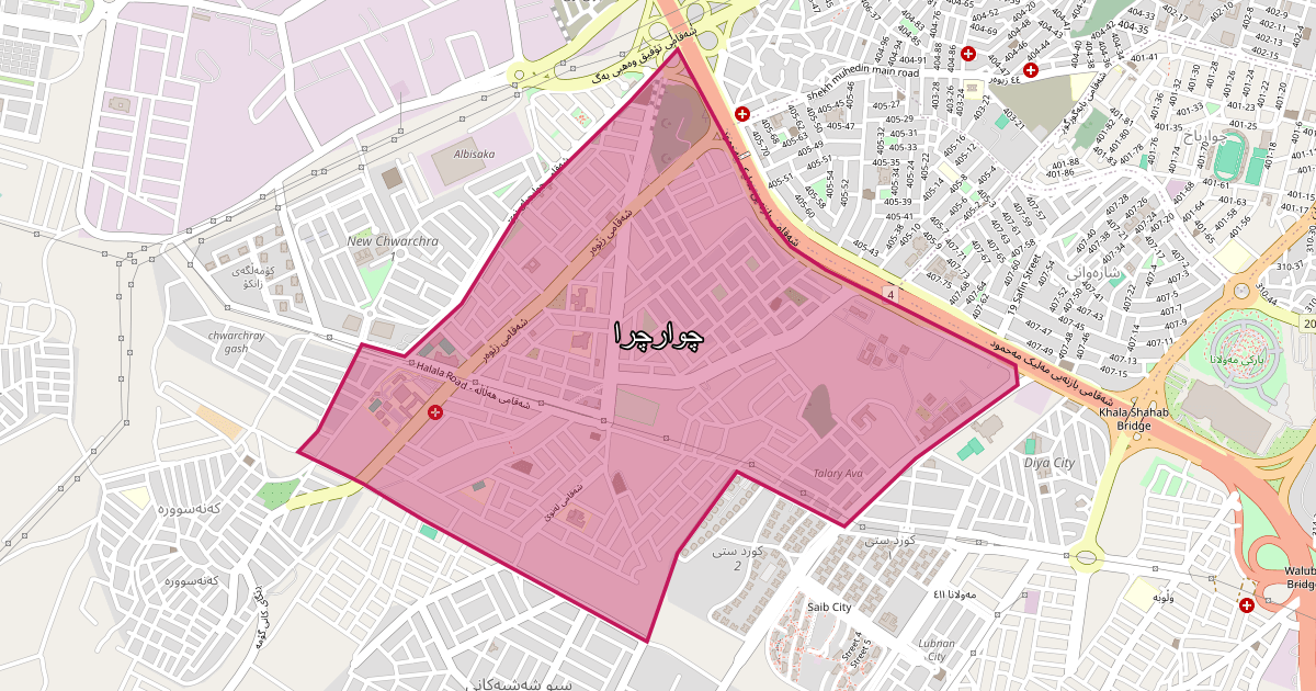 Map of Chwarchra neighborhood in Sulaymaniyah (چوارچرا)