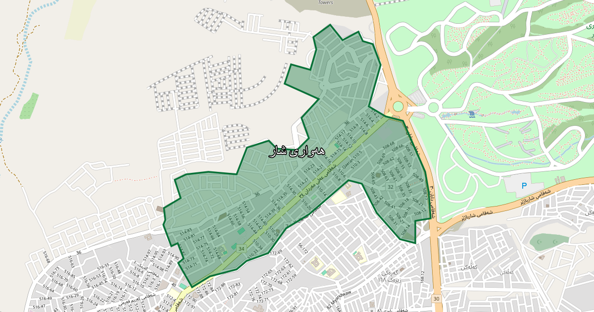 Map of Hawari Shar neighborhood in Sulaymaniyah (هەواری شار)