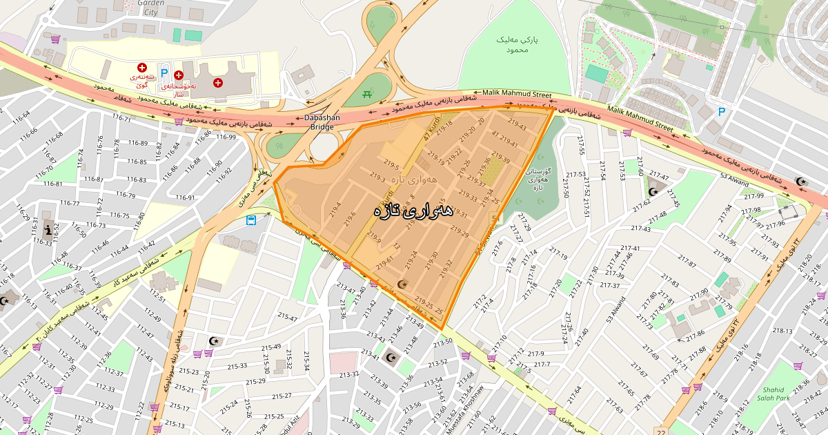 Map of Hawari Taza neighborhood in Sulaymaniyah (هەواری تازە)