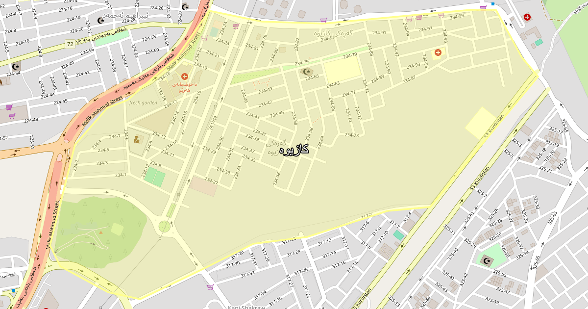 Map of Kaziwa neighborhood in Sulaymaniyah (کازیوە)