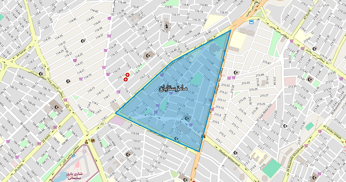 Map of Mamostaian neighborhood in Sulaymaniyah (مامۆستایان)