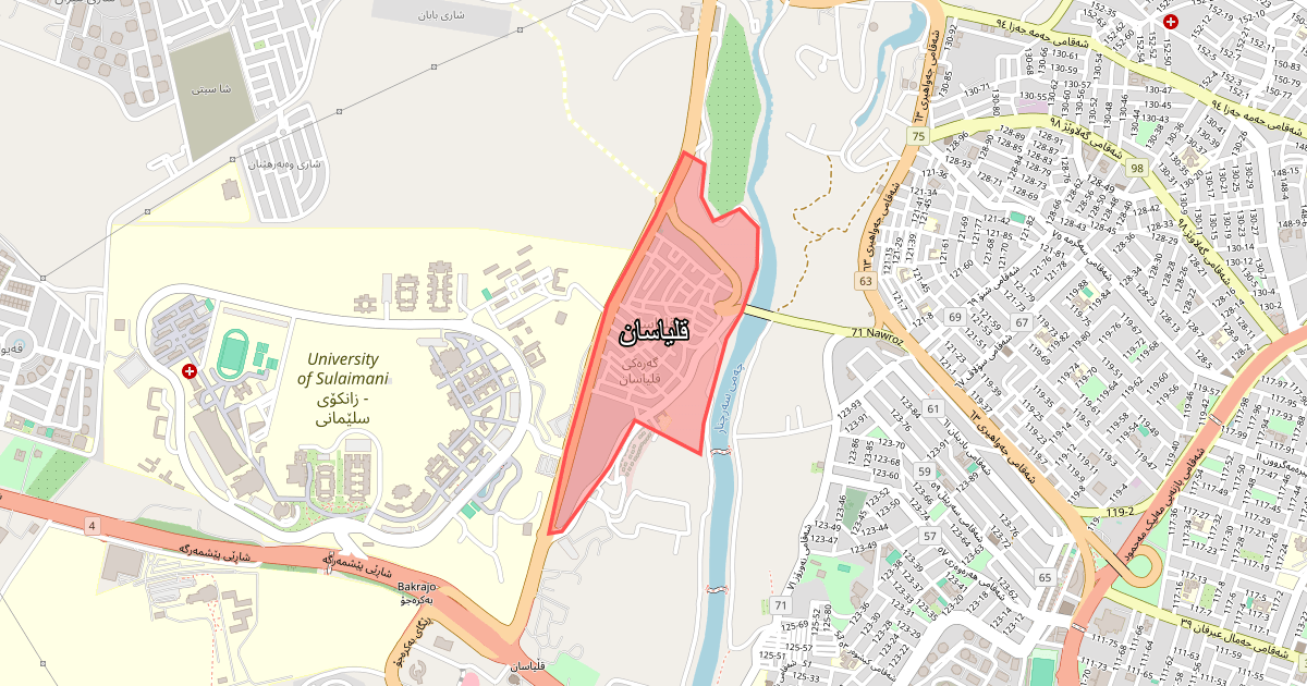 Map of Qliasan neighborhood in Sulaymaniyah (قلیاسان)