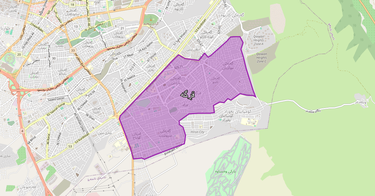 Map of Qrga neighborhood in Sulaymaniyah (قڕگە)