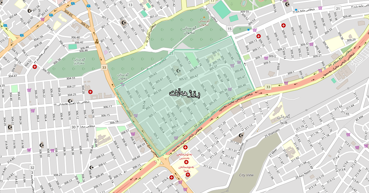 Map of Rozhhalat neighborhood in Sulaymaniyah (ڕۆژهەڵات)