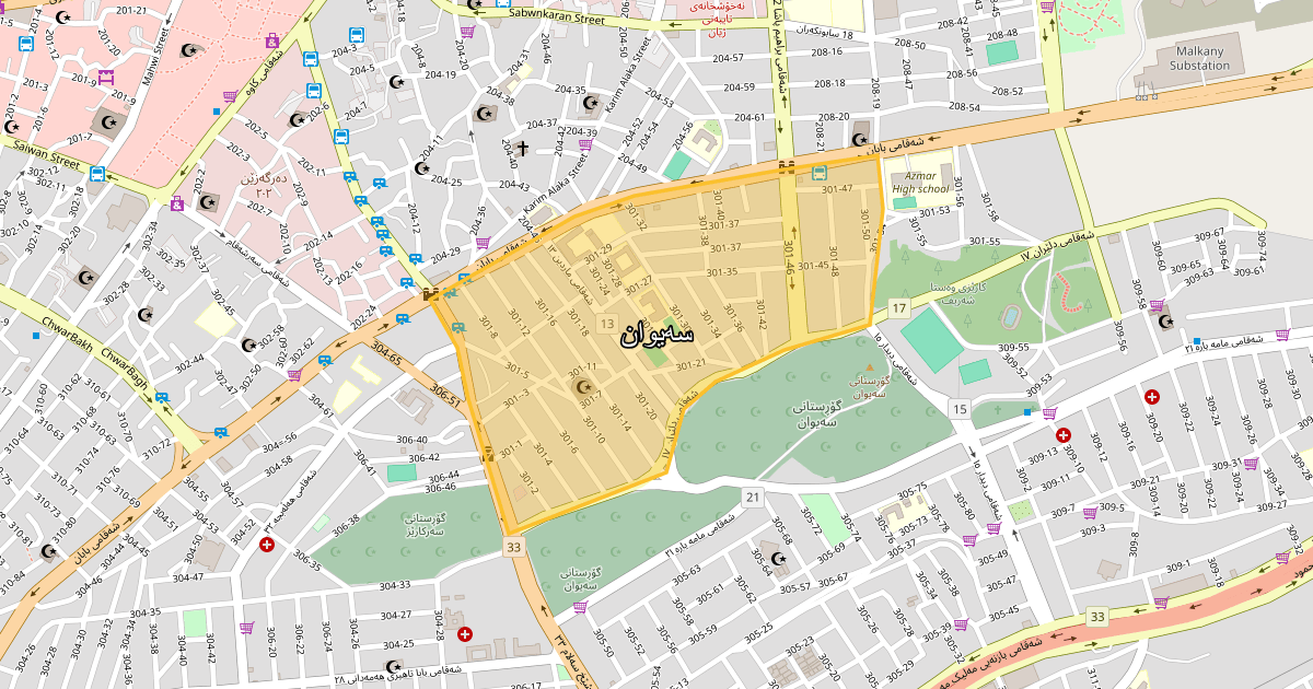 Map of Saiwan neighborhood in Sulaymaniyah (سەیوان)