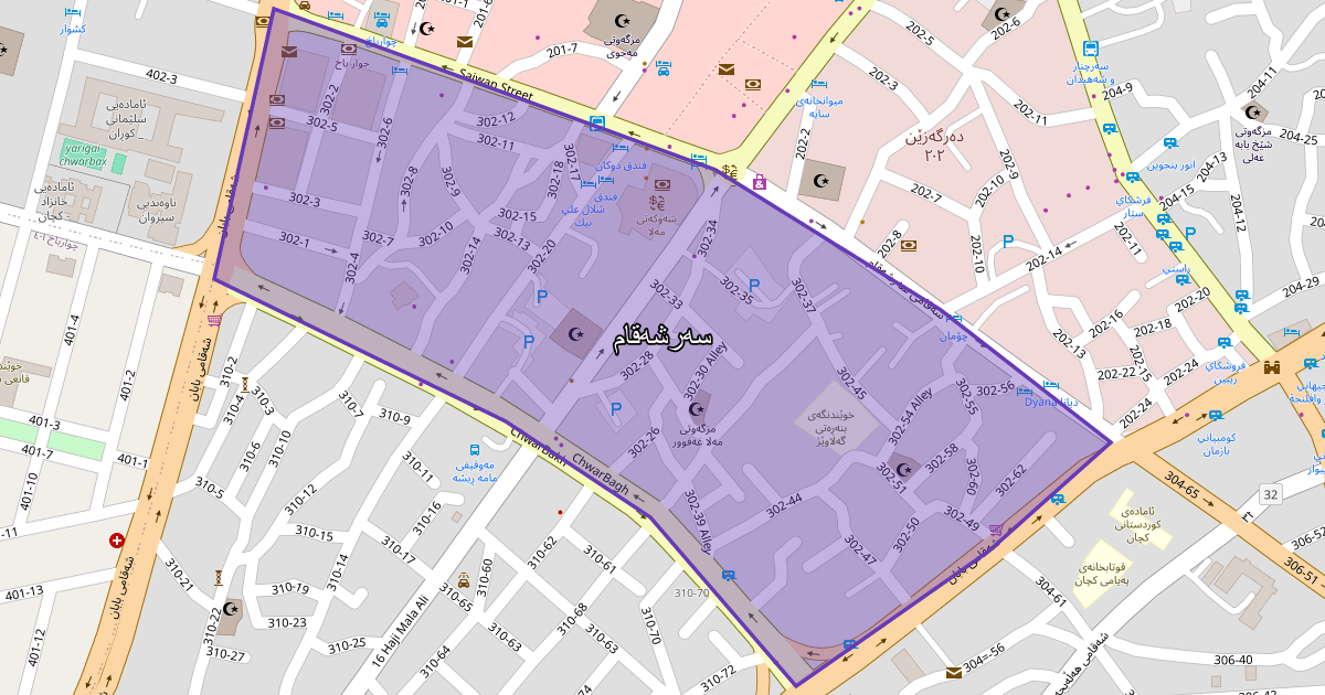 Map of Sarshaqam neighborhood in Sulaymaniyah (سەرشەقام)