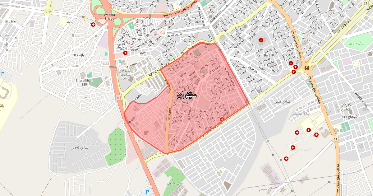 Map of Setwan neighborhood in Sulaymaniyah (سێتوان)