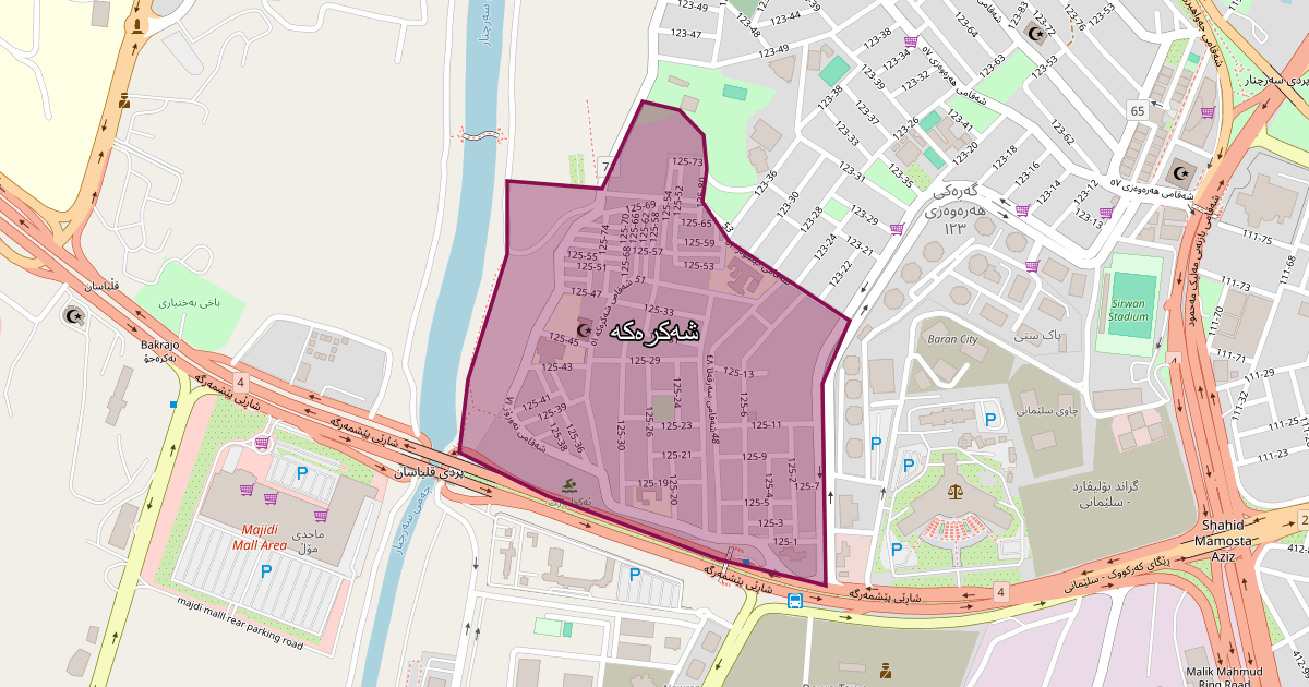 Map of Shakraka neighborhood in Sulaymaniyah (شەکرەکە)
