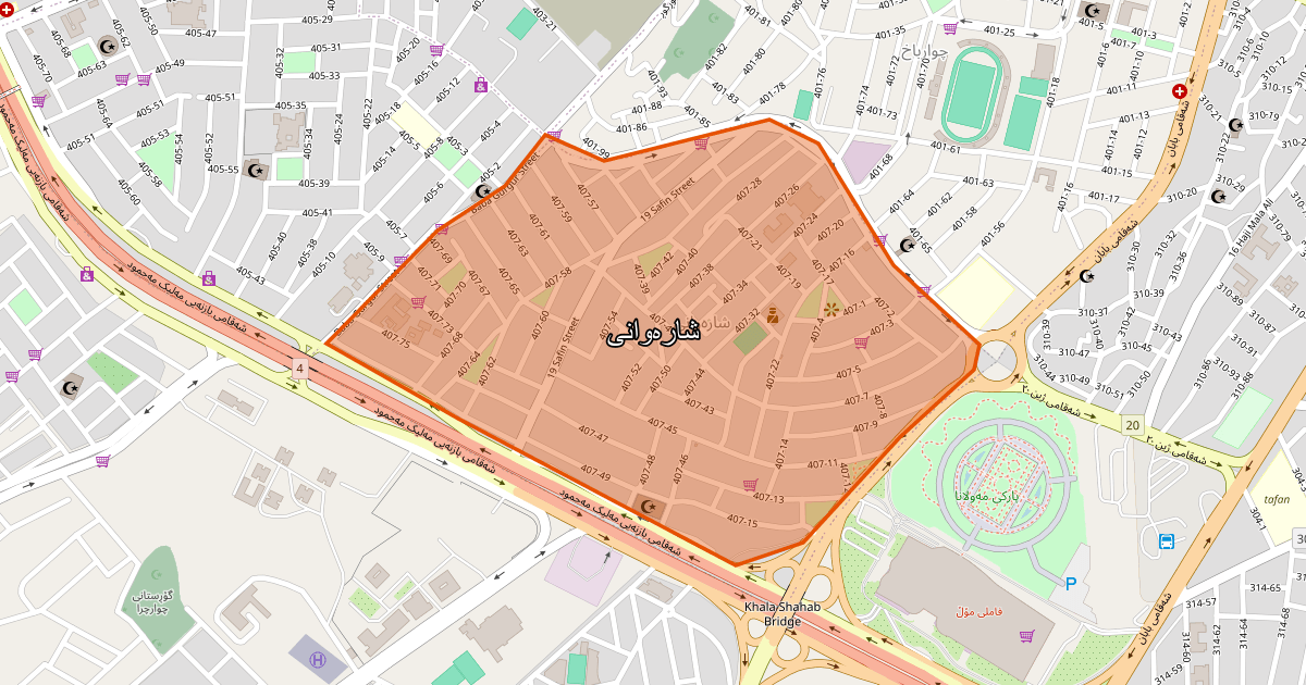 Map of Sharawani neighborhood in Sulaymaniyah (شارەوانی)