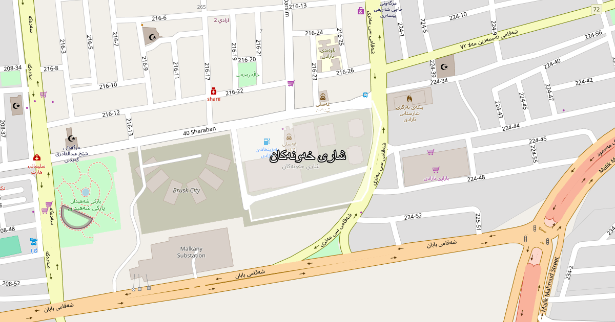 Map of Shari Xawnakan neighborhood in Sulaymaniyah (شاری خەونەکان)