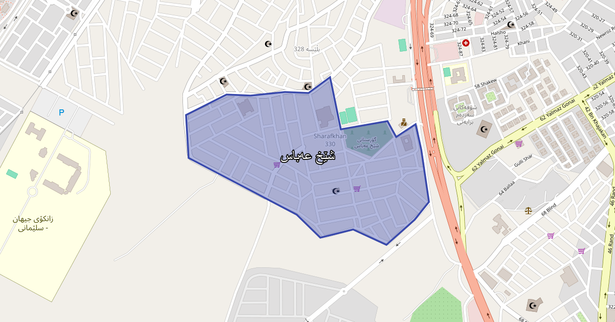 Map of Shex Aabas neighborhood in Sulaymaniyah (شێخ عەباس)