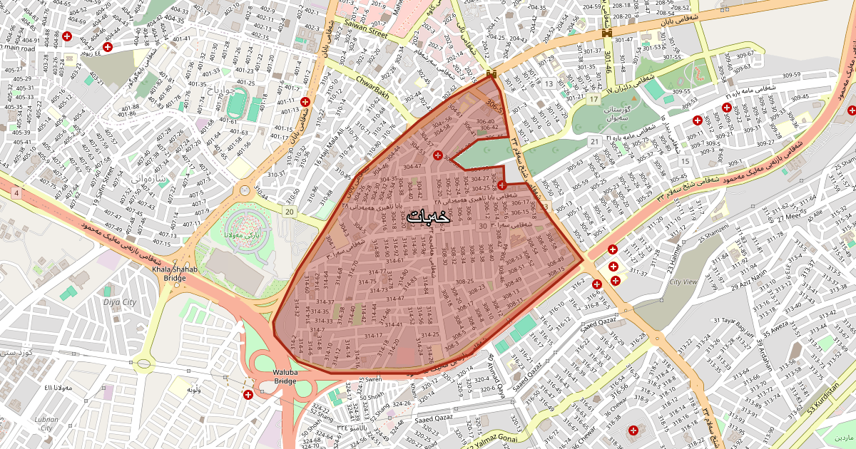 Map of Xabat neighborhood in Sulaymaniyah (خەبات)