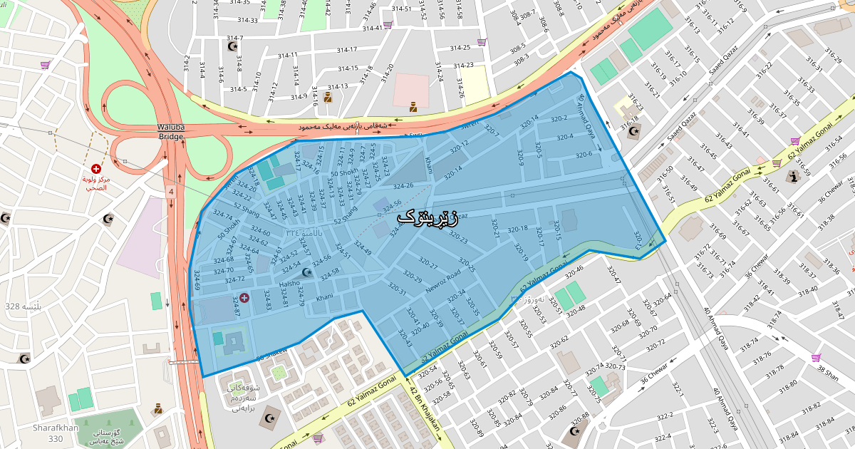 Map of Zerinok neighborhood in Sulaymaniyah (زێڕینۆک)
